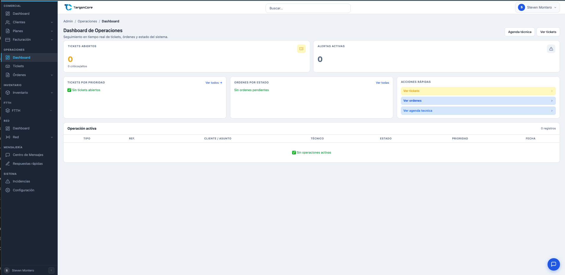 Dashboard de Operaciones con tickets por prioridad y órdenes por estado
